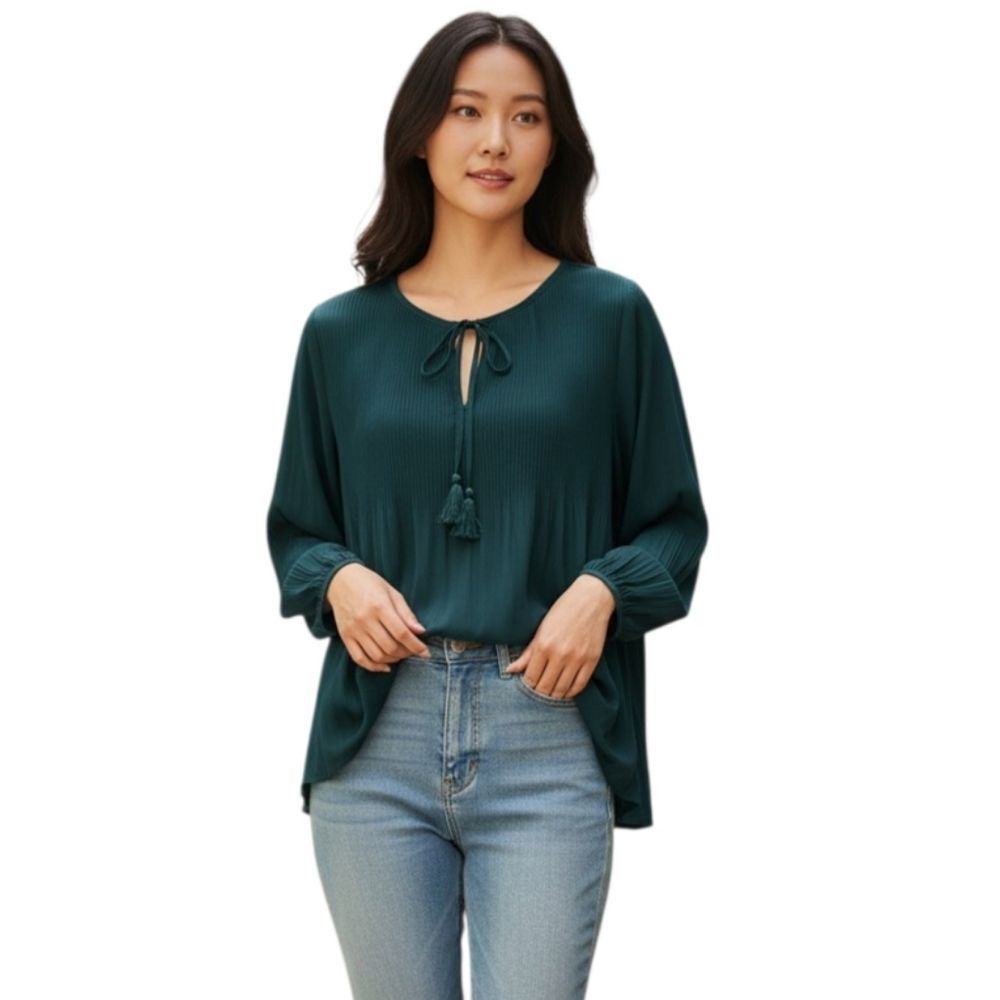 DR2 GREEN PLEATED BLOUSE SZ.L EUC